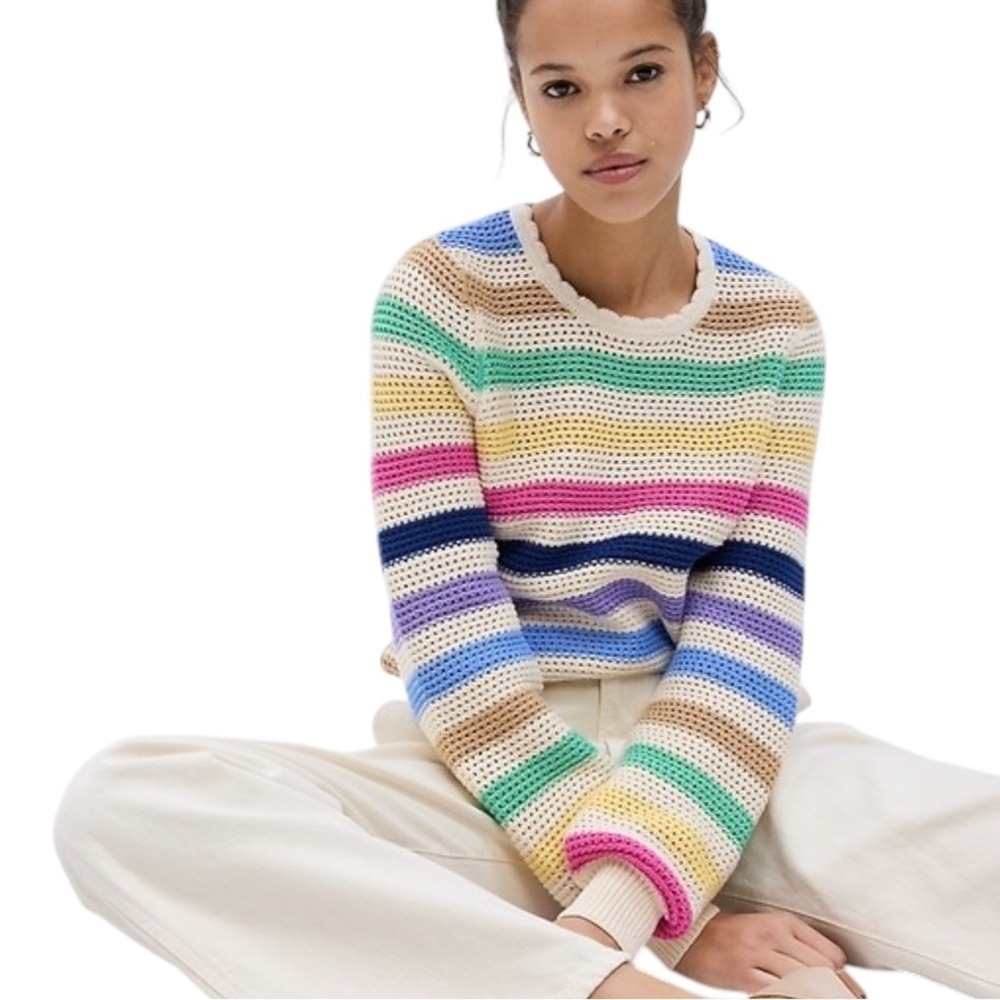 GAP Womens Crochet Knit Sweater Crewneck XL Multicolor Rainbow Stripe Cotton